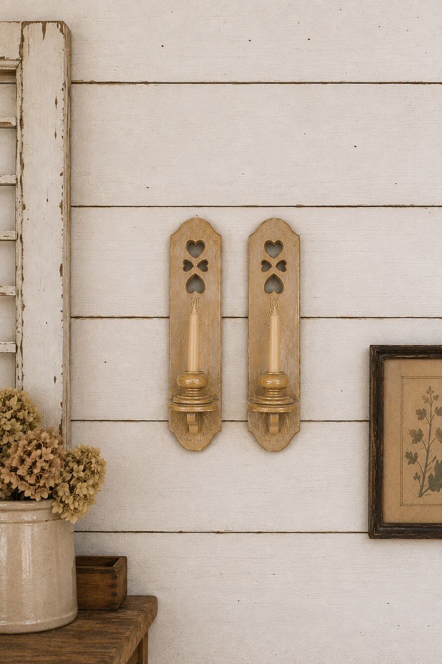 Vintage 1980s Burwood Heart Cutout & Tulip Flower Faux Wood Wall Sconces 15"